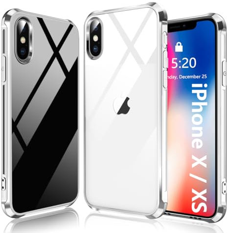 Ruayia Coque pour iPhone X et iPhone XS Transparente, Housse en Silicone TPU Souple, Bumper avec Coins Renforcés, Antichoc, Anti-Jaunissement et Anti-Rayures Coque iPhone X/XS-5.8-Placage Argent