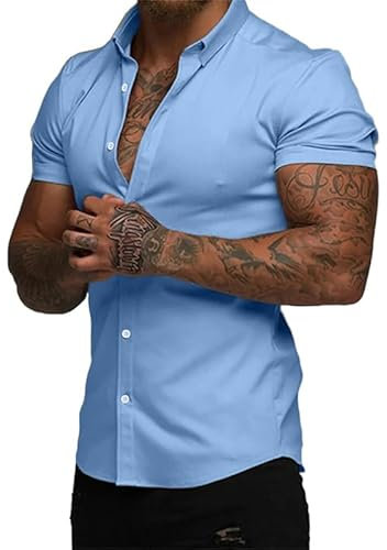 Elegancity Mens Shirts Short Sleeve Smart Casual Summer Beach Shirts Slim Muscle Fit Button Down Formal Dress Shirt Blue, L