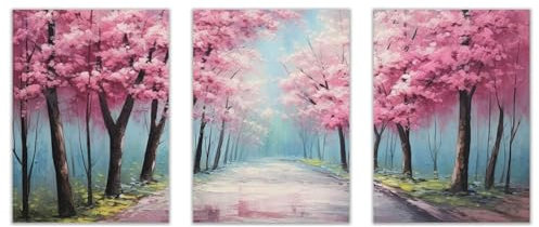 SHYAMIC Rosa Poster 3 Stück Moderner Wandkunstdruck, Pink Tree Park Pfad Bilder Raumdekoration FüR Galerie Wohnzimmer Schlafzimmer Badezimmer Wanddekoration - 20x30cmx3 Ungerahmt
