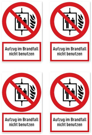 Aufkleber: 112.5x75 mm, 4 Stück - Aufzug im Brandfall nicht benutzen - Verbotszeichen mit Text (deutsch) (rot/weiß) - hochkant - P020 - DIN EN ISO 7010 / ASR A1.3