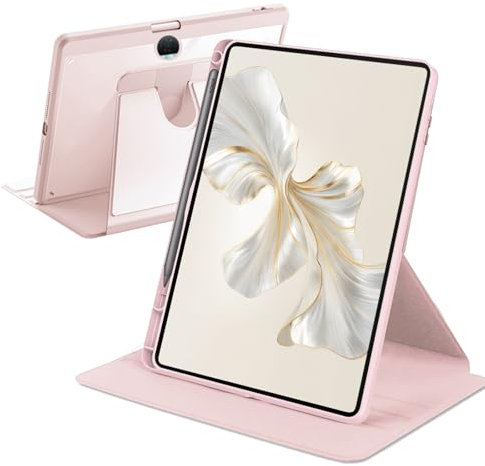 A-BEAUTY Coque Rotative Compatible avec Honor Pad 9 12,1 Pouces 2023 avec Porte-Stylo, Rotation à 360° Support Étui Housse Protection Dos Transparent Antichoc, Rose