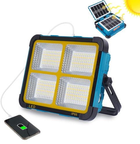 Projecteur LED Rechargeable 150W,Fosingut Portable Lampe Chantier avec Pliable Panneau Solaire Batterie Rechargeable/5 Modes/11000mAh Power Bank/Étanche Lampe de Travail Pour Camping,Pêche,Urgence