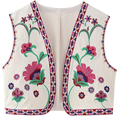 Women's Vintage Embroidered Vest Y2K Floral Embroidery Cardigan Retro Ethno Boho Style Vest Traditional Embroidered Vest Hippie Tops Sleeveless Open Front Waistcoat Boho Flower Cardigan Vests Top