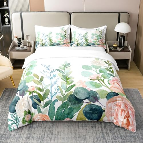 Homemissing Ragazze Fiore Copripiumino Water Verde 200x200cm Cotone Bambini Raggi Boys Girls Women Watercolor Rosa Verde Branch Copripiumini Garden Stampato