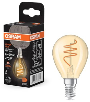 OSRAM Vintage 1906 Classic ist eine warmweiße, dimmbare LED-Lampe in Miniballform mit spiralförmigem Filament. Sie bietet 4.9 W für 470 lm, E14 Fassung, goldfarbenes Glas, 45 mm Durchmesser, 2200 K.
