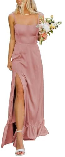 KURFACE Robe de demoiselle d'honneur en satin pour femme - Col carré - Bretelles spaghetti - Longue robe de plage formelle avec fente, vieux rose, 54 plus