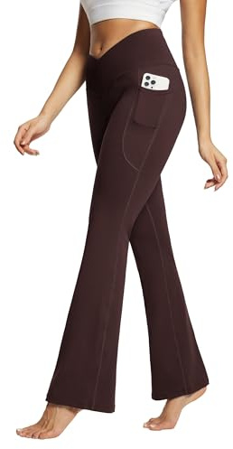 baleaf Women's Flared Leggings Yoga Pants with Pockets Bootcut Trousers Crossover High Waisted Workout Brown 32 XL