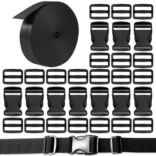 UZSUZZ Nylon Gurtband 25mm 10M mit 10 Paare Schnallen und Verschlüsse, Nylon Gurtbänder Einstellbare Schnallen und Verschlüsse für Rucksack Gepäckgurten DIY Handwerk Koffer Armbänder Hundehalsband