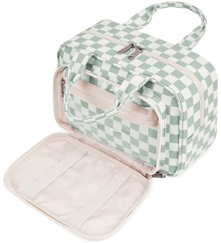 Kulturtasche Damen Gross & Kosmetiktasche Groß, Waschtasche Damen Make up Tasche für Herren & Volle Größe Kulturbeutel für Kinder (Mintgrünes Schachbrett)