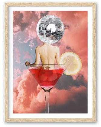 HesenDot 12x16in Retro Disco Cocktail Wall Art, Oak Frame with Acrylic Glass, Trendy Alcohol Canvas Print – Funky Sunset Bar Home Decor,Set of 1