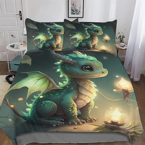 AAPZY Cute Drache Bettwäsche Premium Atmungsaktive Angenehme Bettbezüge, Mit Reißverschluss Für Jungen Mädchen Bettdeckenbezug, 2teilig Bettbezug + Kissenbezug Single (135x200cm)