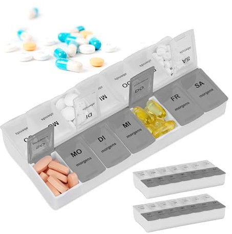 Relaxdays Tablettenbox 3er Set, 7 Tage, 2 Fächer, morgens & abends, wöchentliche Pillendose für unterwegs, weiß/schwarz