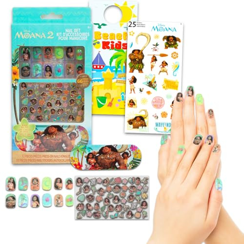 Disney MOANA Nail Stickers Set for Girls: Includes Moana Self-Adhesive Nails, Tattoos and Other Party Supplies | 2 False Nails for Girls