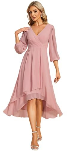 Ever-Pretty Women's Midi Chiffon V Neck 3/4 Sleeves Pleated High-Low A-Line Knee Length Wedding Guest Dress Dusty Rose 18UK