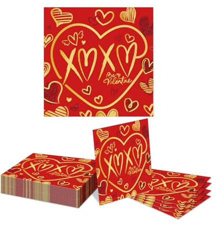 GlamRays Valentinstag Party Servietten Rote Herz Liebe Papier Servietten für Valentinstag, Hochzeiten, Verlobungen, Jubiläen, Brautschauern 40 Pack