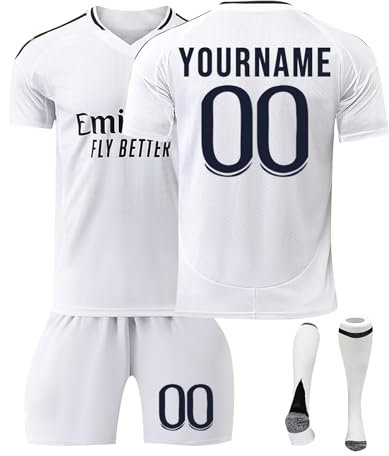 Generisch Personalisiertes Fußballtrikot für Kinder 2024 2025 Boy Football Strips Trikot Heim-Fußballtrikot-Set Tshirts Shorts und Socken Sportanzug Fußballtrikot-Set mit DIY Nummer Name 02