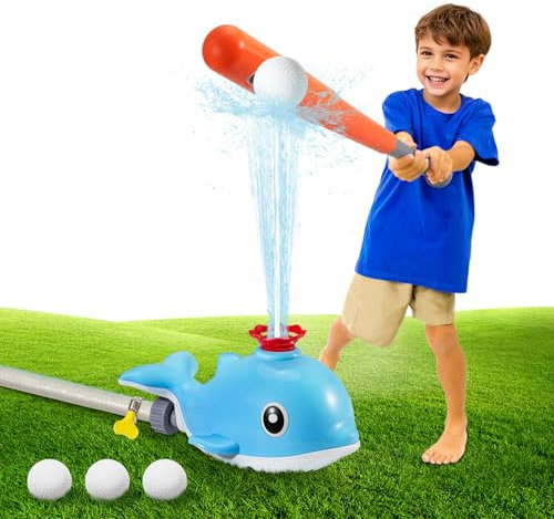 MoKo 2-in-1-Wassersprinkler & Baseball für Kinder, Whale 360° Rotierende Wassersprühgerät, Kleinkind Outdoor-Spielzeug für Hinterhof Rasen Garten Pool, Himmelblau