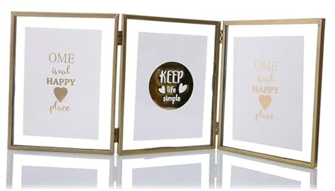 Homxi Kleiner Bilderrahmen 10 x 15 Family Gold,Fotorahmen Rechteckig Tischplatte Senkrecht mit 3 Öffnungen Klappbar,Barock Deko Wohnzimmer