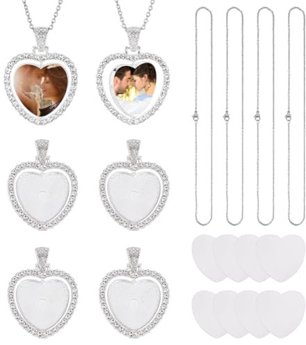 UNICRAFTALE 4Sets Sublimation Rhinestone Trays Pendant Set Necklaces Heart Sublimation Rhinestones Pendants Metal Blank Rhinestone Bezel Trays Charms Necklaces for DIY Jewellery Making