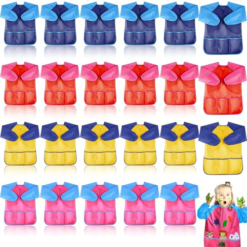 OGMBI 24 Pack Kids Art Smocks Bulk, Waterproof Children Painting Apron | Toddler Artist Craft Aprons with Long Sleeve & 3 Pockets for 3-8 Years Boys & Girls Cooking Eating Baking Crafts, 4 Colors