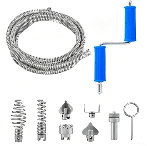 ohbien 5M Pipe Cleaning Spiral with 6 Cutting Heads, 12mm Spiral Diameter | Spiral Drain Unblocker with Manual Dual Adapters, Flexible Drain Unblocker Auger Tool for Sink, Kitchen, Bathroom,Sewer Pipes