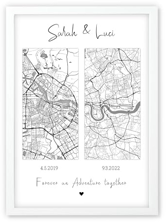 Mountiki® Personalisierte 2 Landkarten Wandbild | Fernbeziehung Geschenk | Geschenkidee für Paare & Verliebte | Hochzeits- oder Jubiläumsgeschenk