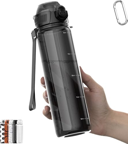 MYFOREST Black Clear Water Bottle, Lightweight, Quick-Open Gulp Lid/Straw | 360° Leak-Proof, Drop/Scratch Resistant for Sports/Travel/Gym/Office, Minimalist Lifestyle, 34oz/1L Daily Hydration