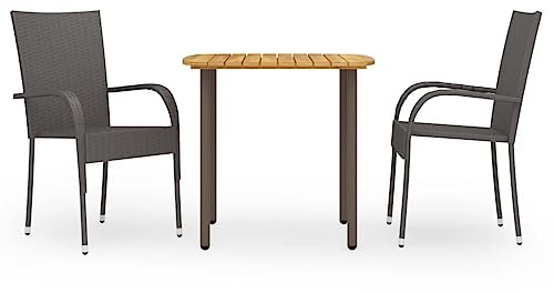 Teenpull 3-TLG. Garten-Essgruppe Poly Rattan Braun mit Akazienholz-Tisch, Stapelstühlen & Robustem Stahlrahmen für Terrassen und Balkone