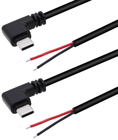 Xilaghy Right Angle USB C Power Pigtail Cable 20AWG 5V 90 Degree USB Type C Male Plug to 2 Pin Bare Wire Open End Power Pigtail Cord for DIY Power Cord Replacement Repair, 2 Pack(1M/3.2FT)