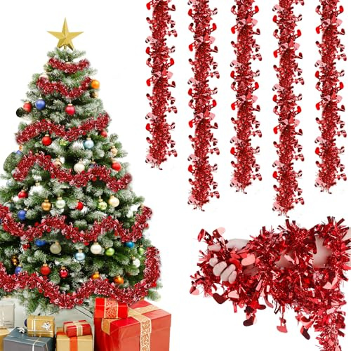 Joxessaien Lametta Weihnachtsbaum 8 Stück × 2 m – Weihnachtsgirlande 16 m Weihnachtsdeko Feine Lametta Girlande mit Glocken – Christbaum Deko für Innen & Außen (Rot)