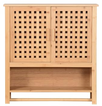 AD.CON Hängeschrank aus Bambus fürs Badezimmer Wandschrank mit 2 Türen Handtuchhalter & Ablage Badschrank mit Regalfächern Platzsparend 66x62x20cm Natural (Land)
