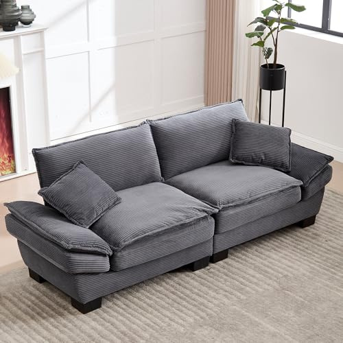 Yihomfy Sofa 3-Sitzer-Sofa, Couch Mit Armlehnen, Zierkissen, Polstersofa Mit Cordbezug, Dick Gepolstert, Loungesofa, Bis 450 Kg Belastbar, FüR Wohnzimmer, Schlafzimmer, 224x81x81cm (Dunkelgrau)