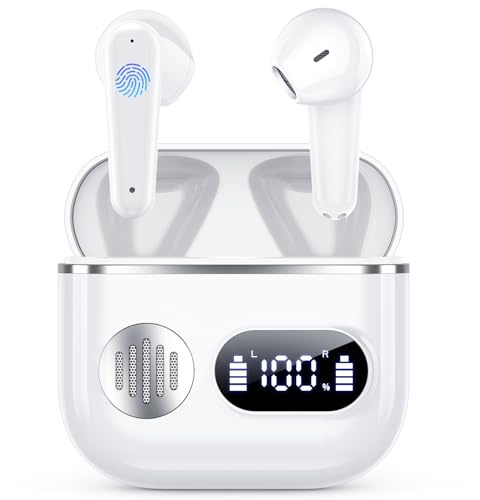 Cuffie Bluetooth,Auricolari Bluetooth 6.1 - Cuffie Wireless con 6 ENC Cancellazione Rumore Mics, Cuffie in Ear 48 Ore di Riproduzione, Cuffiette Senza Filo Stereo HiFi per iOS/Android - Avorio Bianco