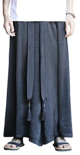 FOLKFOLD Bomullslinne, traditionell jacquard, lös passform, brett ben med dragsko, lyktbyxor för Tai-Chi-övningar och vardag, svart, L