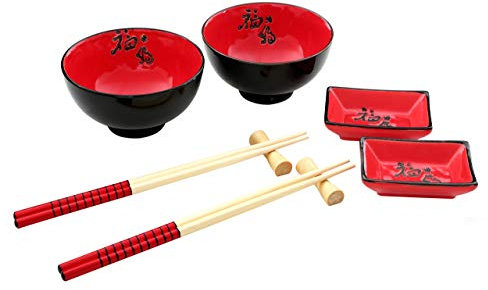 Premier Housewares Set per cena orientale, 8 pezzi, 2 ciotole rosse, 2 paia di bacchette, 2 poggia bacchette e 2 vaschette rosse