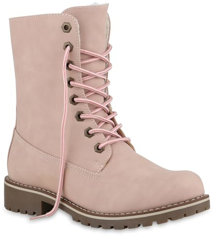 Warm Gefütterte Damen Stiefeletten Worker Boots Kunstfell Schuhe 145330 Rosa Glatt 39 Flandell