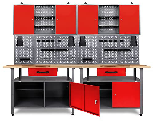 Ondis24 Werkstatteinrichtung Werkstatt Set Werkbank Klaus 240 cm Hängeschrank (Arbeitshöhe 85 cm, Rot)