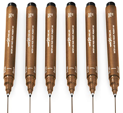 Uni Pin Fineliner Zeichenstift, Sepia-Tinte, Pinselspitze, 6 Stück