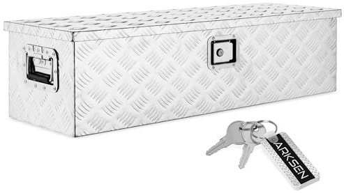 ARKSEN 39 Heavy Duty Aluminum Truck Bed Tool Box, 5-Bar Tread Plate Pickup Truck Storage Toolbox with Side Handles, Lock & 2 Keys, Weather Resistant Tool Chest for Truck, RV, Trailer - Silver
