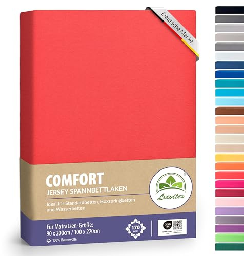leevitex® Premium Spannbettlaken 90x200-100x220 cm - 40 cm Steg - auch für Boxspringbett & Wasserbett | 100% Mako-Jersey-Baumwolle | ÖKO-TEX | 170g/m² | Rot/Signalrot