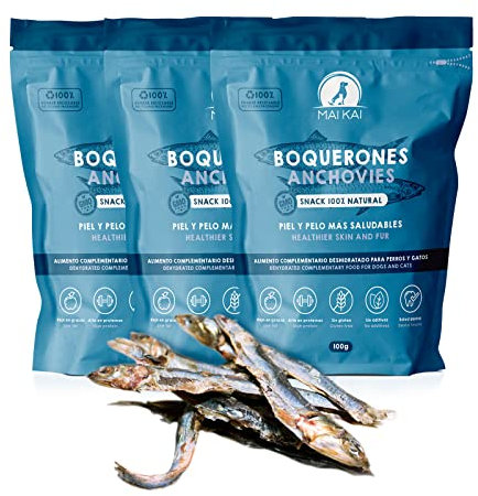 MAIKAI Chuches Naturales para Perros y Gatos Ricas en Omega 3 Boquerones Deshidratados 3x100 g – Snack Barf 100% Natural para Todas Las Edades Premios Saludables Producidos en España