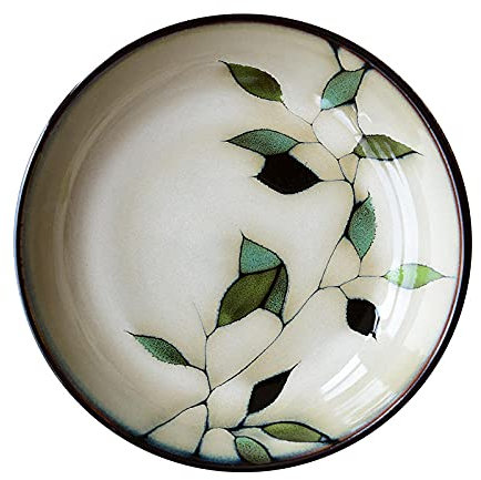 Plat à salade en céramique émaillée peinte à la main - Assiette creuse, assiette à fruits, boulettes - Feuilles de bambou - 17,8 cm