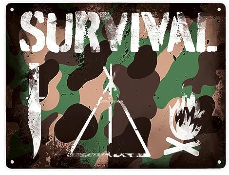 Survival Tarnmuster Metallschild XXL in 28x38 cm im Used-Look Blechschild in Camouflage mit Messer Zelt und Feuer als Geschenk für Überlebenskünstler und solche die es gerne wären