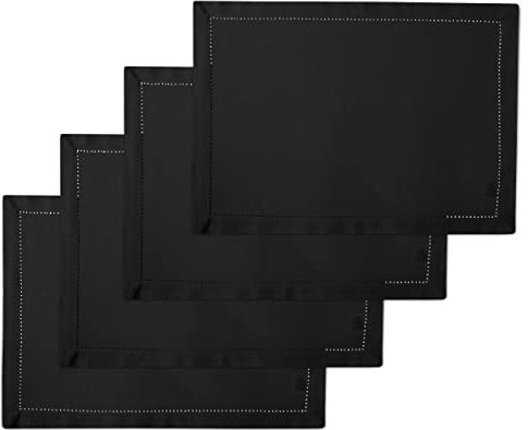 Encasa XO Tischsets Set aus 4 | Reine Baumwolle mit Hohlsaum-Design | Schwarz | Rechteckige 48x32 cm - Tischuntersetzer | Maschinenwaschbar
