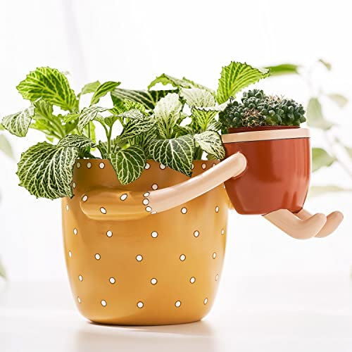 VIRTUNE Adorables Pots de Fleurs d'intérieur Pot de Fleurs de 12,5 cm et Petit Pot de 5 cm avec Drainage Adorables Petits Pots de Fleurs d'intérieur pour Les Amoureux des Plantes, Moutarde