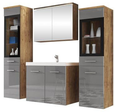Mirjan24 Badmöbel Set Madrit II mit Waschbecken und Siphon, Komplettprogramme für Spiegelschrank, Waschtisch, Hochschrank (Kastanien Breslau/Grau Hochglanz, mit weißer LED Beleuchtung)
