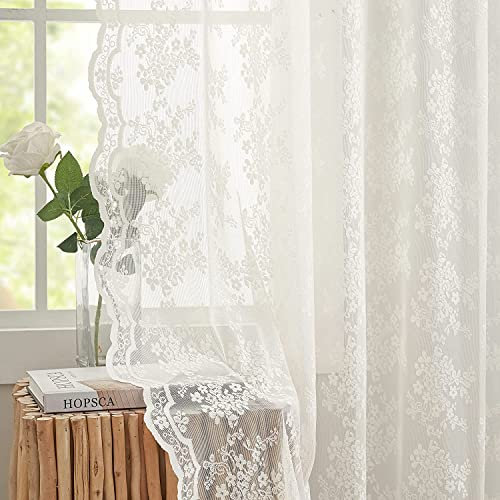 YJ YANJUN Net Curtains 72 inched Drop Pair Victorian Flower Sheer Lace Curtain Panels for Bedroom French Door Shabby Chic Voile 52 W x 72 L Inch(132cm Width x 183cm Drop),Light Beige