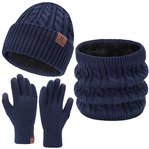 Bequemer Laden Damen Herren Winter Warm Beanie Mütze Touchscreen Handschuhe Loop Schal Set mit Fleece Gefüttert, Strickmütze Wintermütze Schlauchschal Winterhandschuhe Frauen Männer Geschenk, Blau