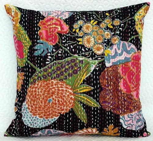 INDACORIFIE Dekorativer Kissenbezug - Ethno-Kissenbezug - Handgefertigtes Kantha Kissen 16 x 16 - Black