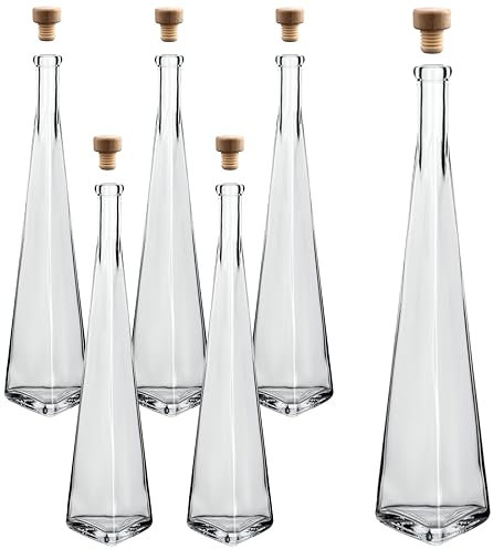 gouveo set de 6 carafes 500 ml pyramide avec bouchons (HGK) - bouteille design 0,5 l en verre avec bouchon en liège - carafe en verre de forme triangulaire pour liqueur, whisky, cognac (DPT500HGK)